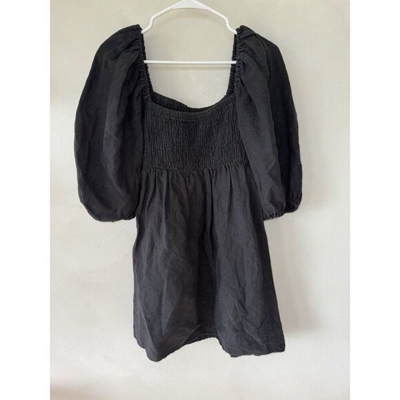 Tuckernuck Women’s Annie Smocked Balloon Sleeve Dress Small S Black 100% Linen - Picture 3 of 5